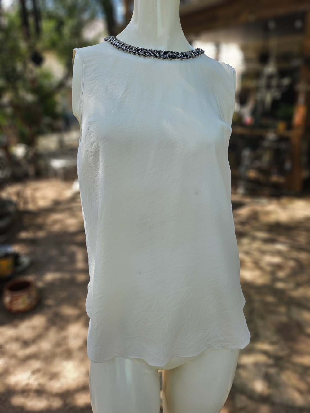 Rebecca Taylor 100% Silk Sleeveless Off-White Grey Bead Neck Pleated Back Top S